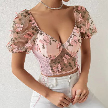 Embroidered Butterfly Mesh Crop Top for Women