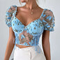 Embroidered Butterfly Mesh Crop Top for Women