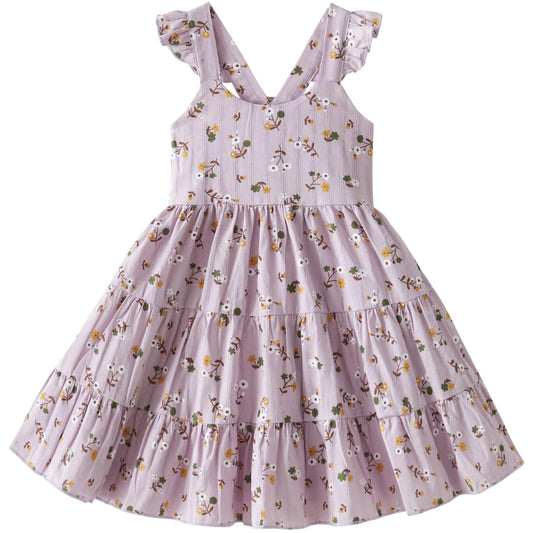Toddler Dress Flutter Sleeveless Princess Cotton Summer Floral Dresses Purple Floral Szie 3-4T