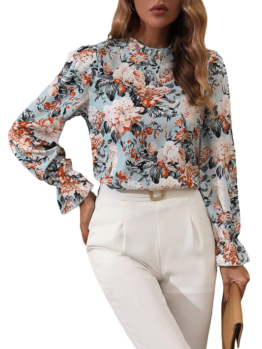 Womens Floral Print Long Sleeve Ruffle High Neck Blouse Shirt Top Floral Blue L