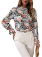 Womens Floral Print Long Sleeve Ruffle High Neck Blouse Shirt Top Floral Blue L