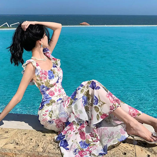 French Style Floral Strap Dress