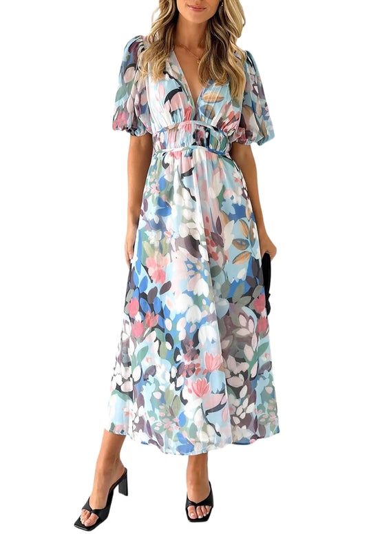 Maxigerui Womens Boho Floral Print Midi Dress Short Sleeve Summer Long Dress Blue Floral L